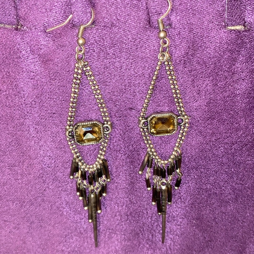 5” dangle pierced earrings with a yellow crystal center beads accent bottom